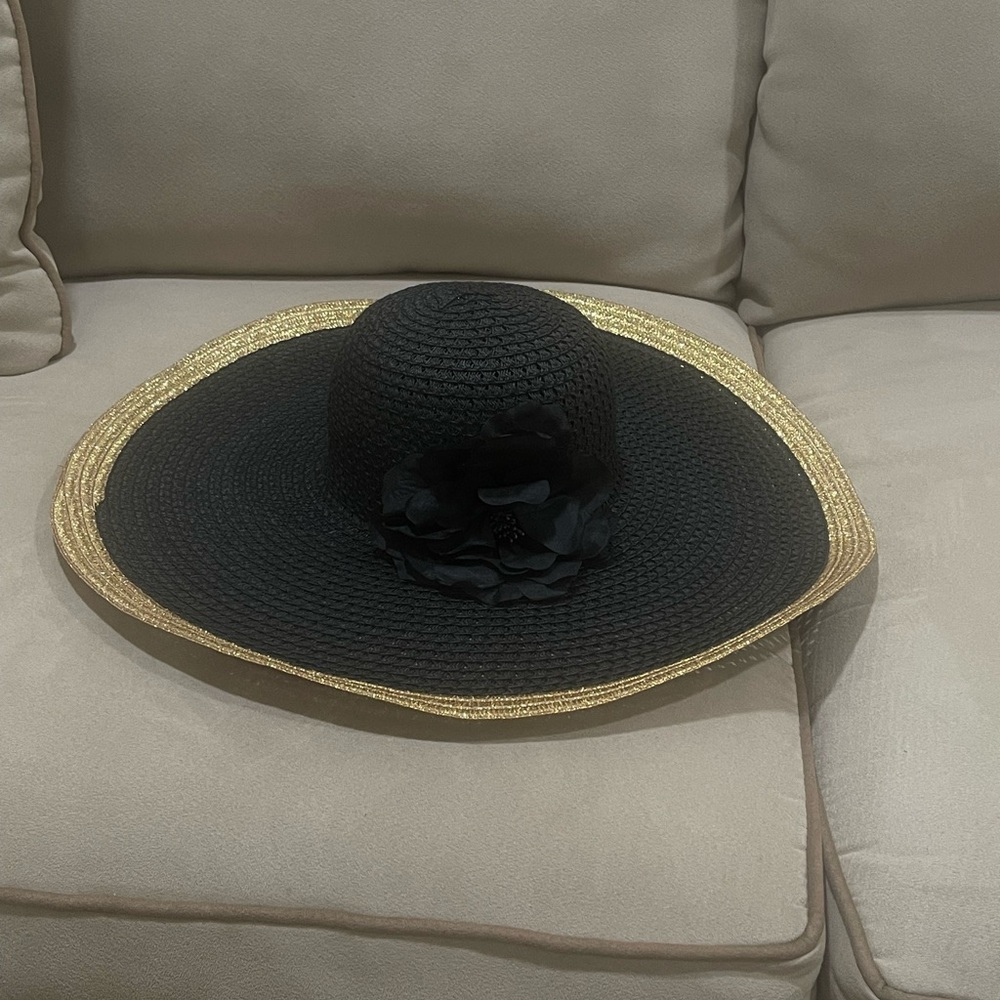 Apt 9 Floppy Straw Beach Sun Hat With Flower Vacation Summer Gold Black One Size - Picture 6 of 8